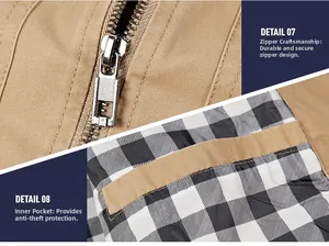 Detail view of khaki cotton jacket with silver metal zipper and plaid inner pocket
