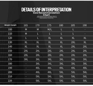 Men's hooded windbreaker jacket size guide table for height 165-190cm and weight 100-220 units