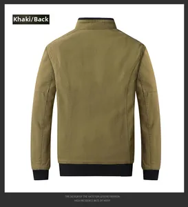 Detail view of the khaki cotton jacket back with black ribbed collar and cuffs