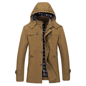 Men's khaki casual hooded jacket with classic plaid lining and multi-pocket design