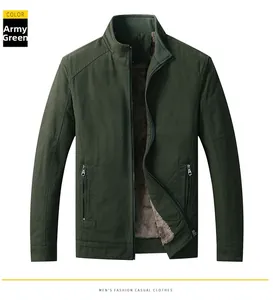 Detailed view of men's casual military green jacket with fleece lining and stand collar
