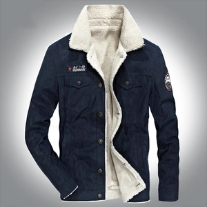 Giacca in pile blu navy da uomo con colletto in pecora e toppe vintage