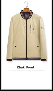Detail of khaki bomber jacket with red and black striped ribbing on collar and cuffs