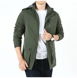 Close-up of army green men's hooded windbreaker with multi-pocket and zipper design detail