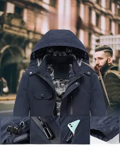 Detail view of water-resistant navy men's hooded jacket with adjustable drawstrings