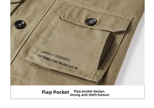 Détail de la veste en toile de coton kaki montrant la poche antivol à rabat fonctionnelle