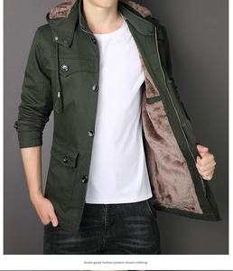 Detailed view of winter military green parka with warm brown faux fur lining and hood