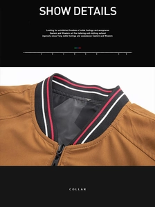 Detail view of khaki baseball collar with striped ribbed knit and premium black zipper
