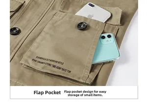 Détail de la poche de veste en toile de coton kaki avec bouton noir et texte