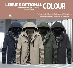 Detail view of water-resistant hooded jackets in navy, khaki, green, and black options