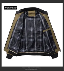 Men's khaki jacket detail featuring a classic plaid cotton lining and elastic ribbed cuffs