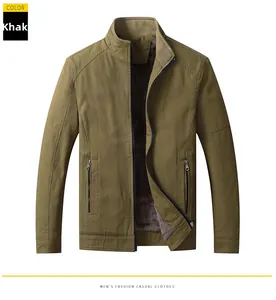 Detail of khaki men's jacket showing thick fleece lining, stand collar and metal zippers