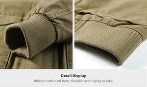 Detail of ribbed knit cuffs and hem on khaki cotton casual jacket with double stitching