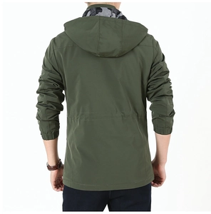 Rear view of men's military green hooded windbreaker jacket with drawstring details