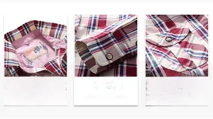 Detail view of red and blue plaid cotton shirt featuring wooden buttons and collar texture