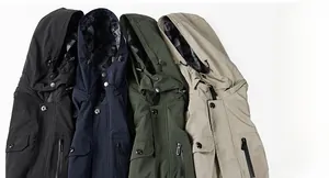 Detail view of hooded windbreaker jackets in four colors with mesh lining and metal snaps