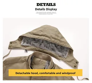 Detail of detachable hood with warm gray faux fur lining and khaki cotton twill fabric