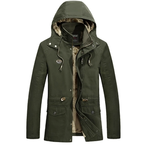 Men's army green hooded jacket with thick fleece lining and multi-pocket utility design