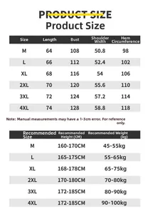 Detailed size chart for men's puffer jacket showing dimensions from M to 4XL