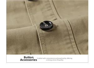 Détail macro du bouton en écaille et de la texture en sergé de coton sur une veste kaki