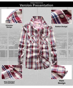 Detailed close-ups showing red and blue plaid cotton fabric with double breast pockets