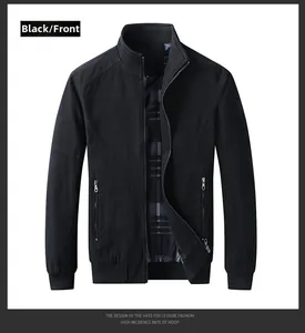 Close-up of black stand collar jacket featuring grey plaid lining and ribbed cuffs