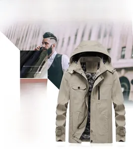 Detail view of khaki hooded jacket featuring functional multi-pockets and premium zipper closure