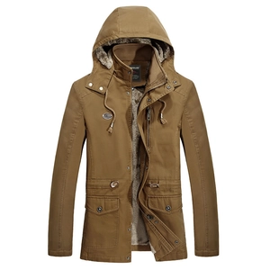 Men's heavy hooded canvas jacket with warm fleece lining in earthy brown finish