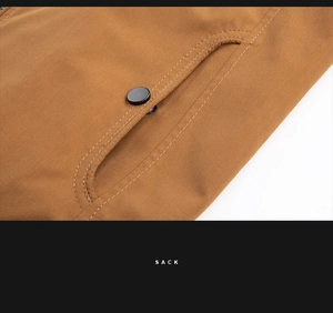 Detail of khaki jacket pocket with double-row stitching and black round button