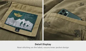 Detail of inner anti-theft pocket and premium eagle logo label on khaki jacket