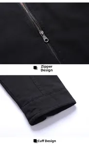 Close-up of metal zipper and stitched cuffs on black cotton canvas men's jacket