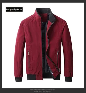 Front view of men's burgundy stand collar jacket with metal zippers and ribbed cuffs