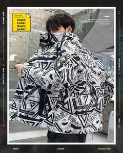 Detail view of men's puffer jacket with black and white geometric prints and logo patch