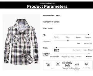 Detail chart of men's long-sleeve cotton plaid shirt with fit and fabric specifications