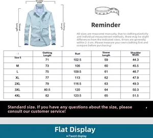 Detailed size chart for men's long sleeve solid casual shirts from S to 4XL