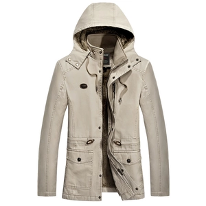 Men's khaki hooded jacket with warm brown fleece lining and adjustable drawstring waist