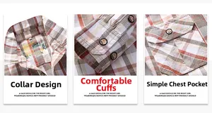 Detailed view of plaid shirt collar, buttoned cuffs, and chest pocket with orange patterns