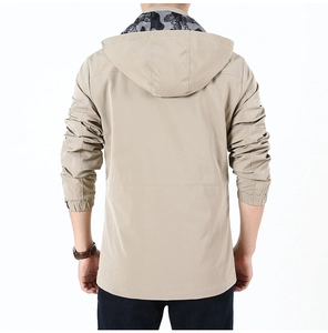 Back view of khaki men's hooded jacket featuring elastic cuffs and sporty seam details