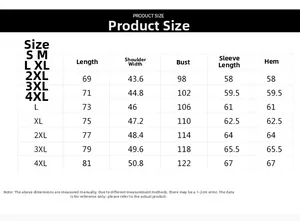 Detailed product size chart for men's long sleeve plaid shirt with full measurements