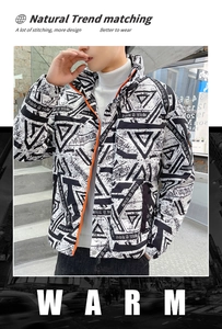 Detail of men winter down jacket featuring black and white geometric prints and high collar