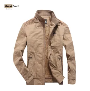 Detail of khaki men's casual jacket with thick fleece lining and ribbed hem and cuffs