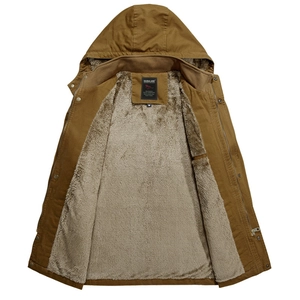 Men's brown canvas hooded jacket with warm fleece lining and sturdy metal snap closure
