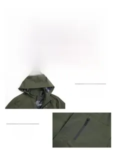 Detail of army green windbreaker jacket with hooded design and metal zipper pockets