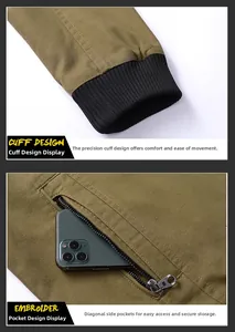 Detail view of khaki cotton jacket showing elastic ribbed cuffs and metal zipper pockets