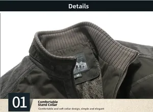 Detail of men's winter jacket showing soft fleece lining and ribbed stand collar design