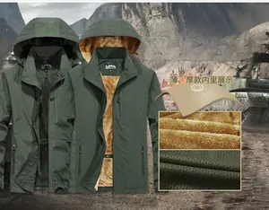 Detail view showing warm brown fleece lining and mesh lining of men's army green jacket