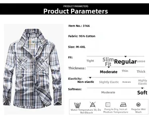 Detail view of blue and white plaid cotton shirt showing size chart and fabric texture