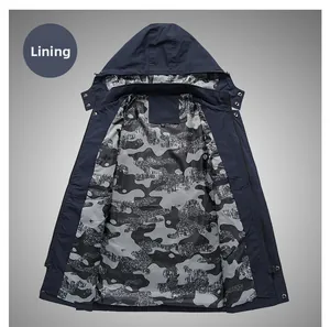 Lining detail of men's hooded jacket featuring grey camouflage pattern and metal snap buttons