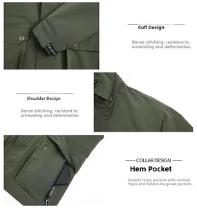 Detail view of army green jacket showing fashion sleeve strap and multi-pocket design