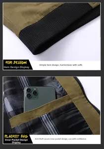 Close-up of ribbed jacket hem and inner security pocket with striped lining detail